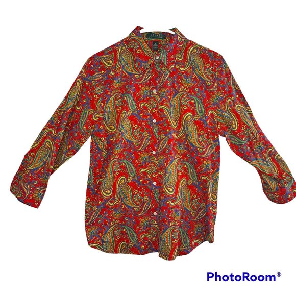 Ralph Lauren Red Paisley Western Button-Up Shirt Size Medium - Picture 1 of 7
